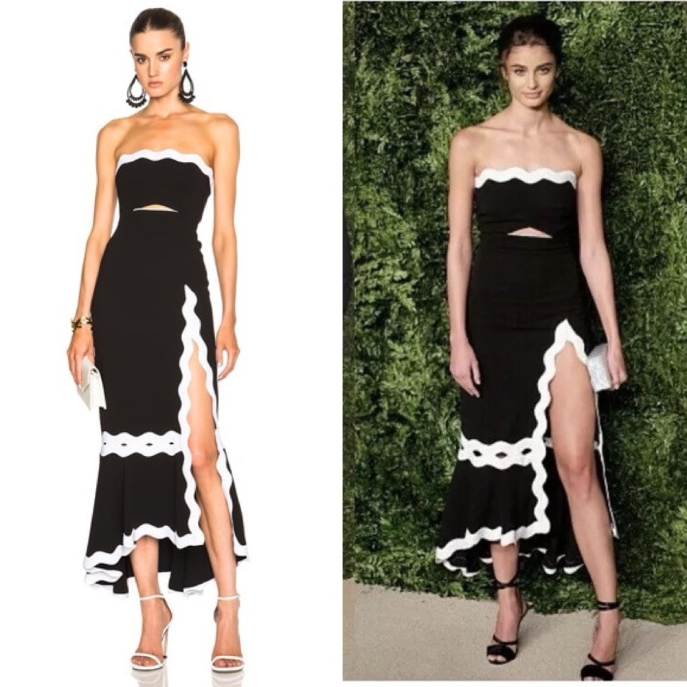 JONATHAN SIMKHAI Size 6 Black & White Scallop Trim Midi Cocktail Dress